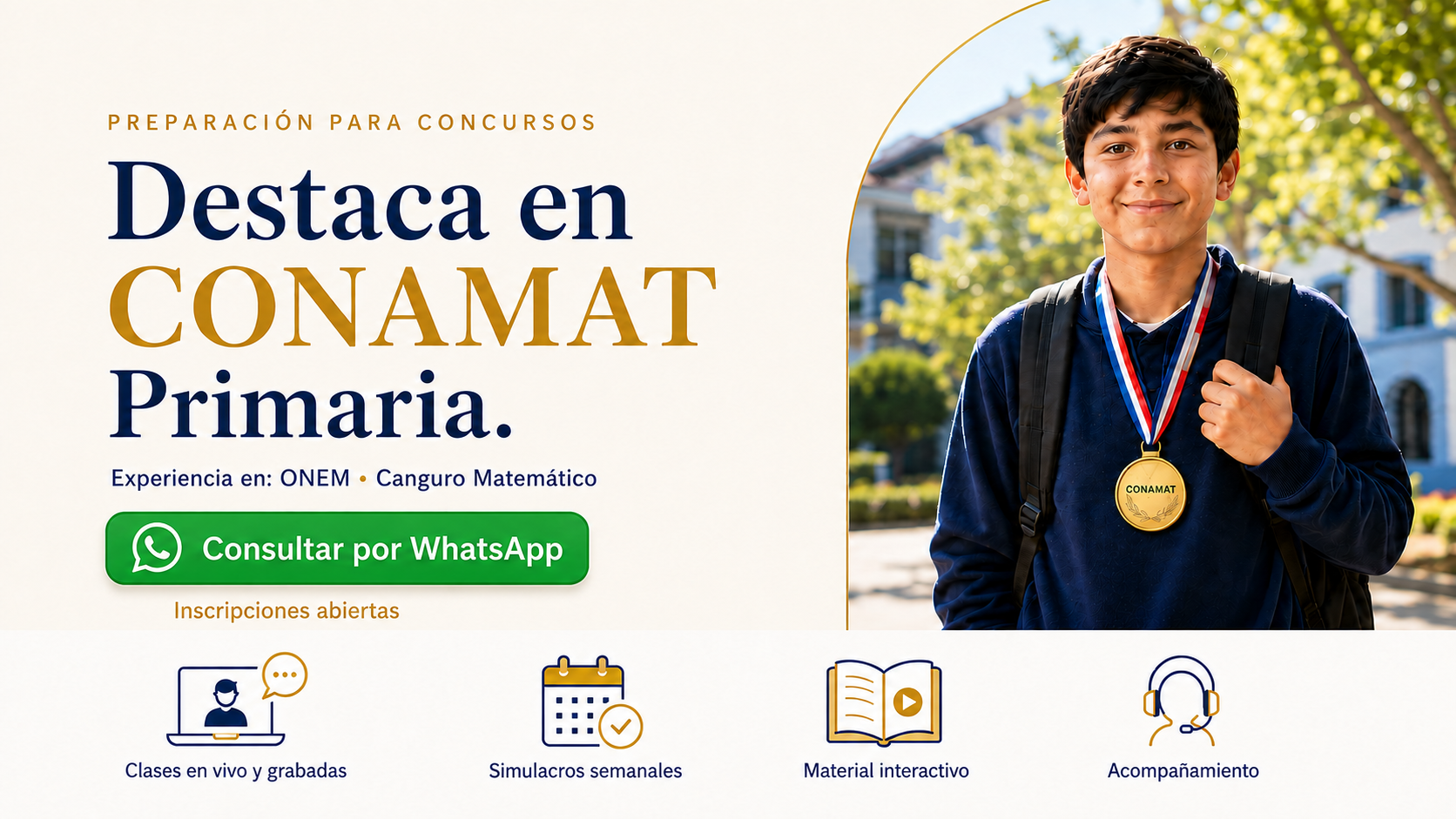 Preparación CONAMAT Primaria: clases en vivo y grabadas, simulacros semanales, material interactivo y acompañamiento